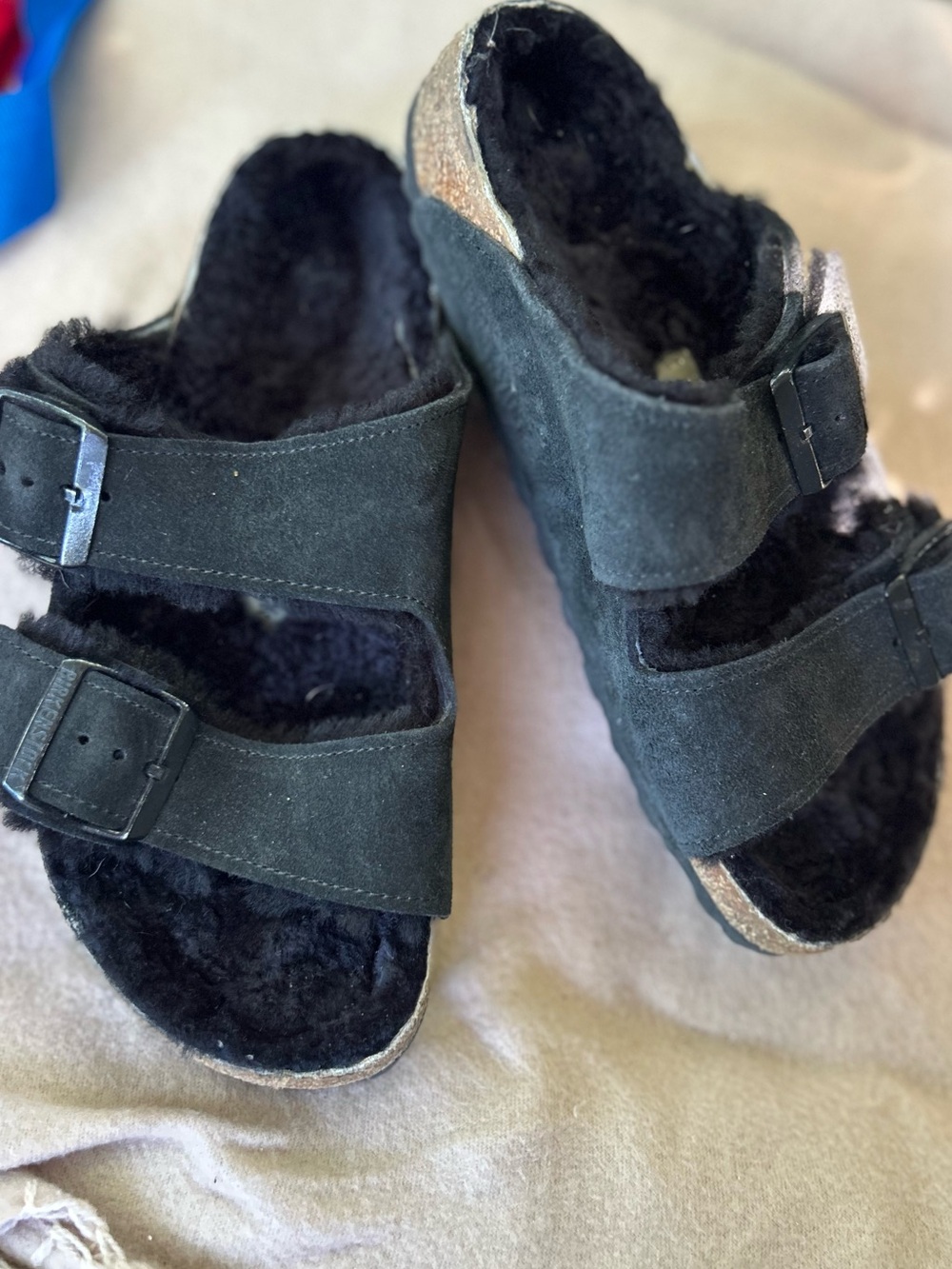 Birkenstock Black Furry Arizona suede double Strap Sandals size 6(37)